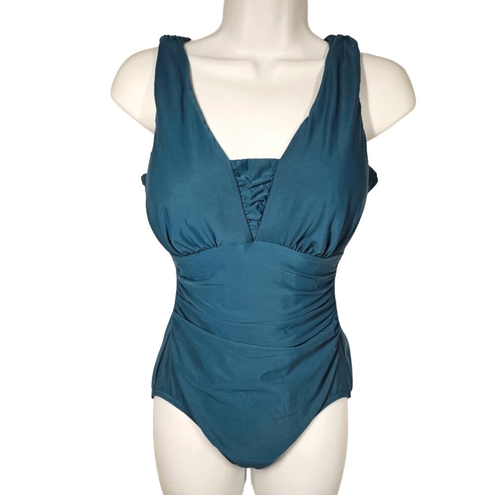 Lands' End Women's SlenderSuit Grecian One Piece Swimsuit Teal Size 8DD